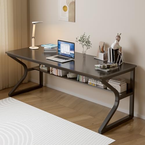 OSCHF Extra Long Desk with Bookshelf   63 Double Long Writing Table for 2 Person Workstation  Modern Study Work Computer Desk for Home and Office  Gold