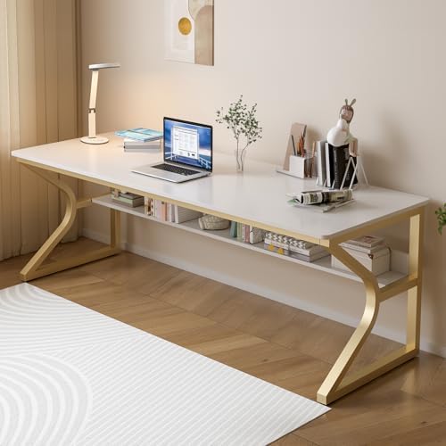 OSCHF Extra Long Desk with Bookshelf   63 Double Long Writing Table for 2 Person Workstation  Modern Study Work Computer Desk for Home and Office  Gold
