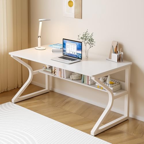 OSCHF Extra Long Desk with Bookshelf   63 Double Long Writing Table for 2 Person Workstation  Modern Study Work Computer Desk for Home and Office  Gold