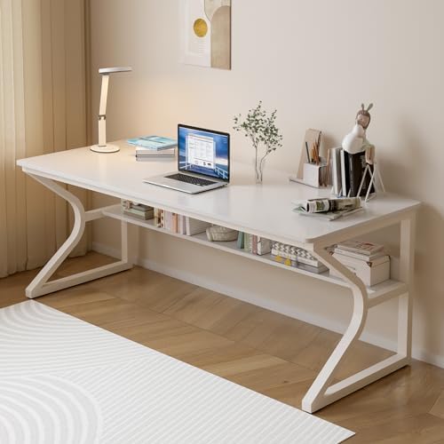 OSCHF Extra Long Desk with Bookshelf   63 Double Long Writing Table for 2 Person Workstation  Modern Study Work Computer Desk for Home and Office  Gold