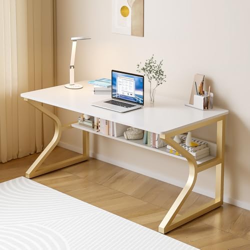 OSCHF Extra Long Desk with Bookshelf   63 Double Long Writing Table for 2 Person Workstation  Modern Study Work Computer Desk for Home and Office  Gold