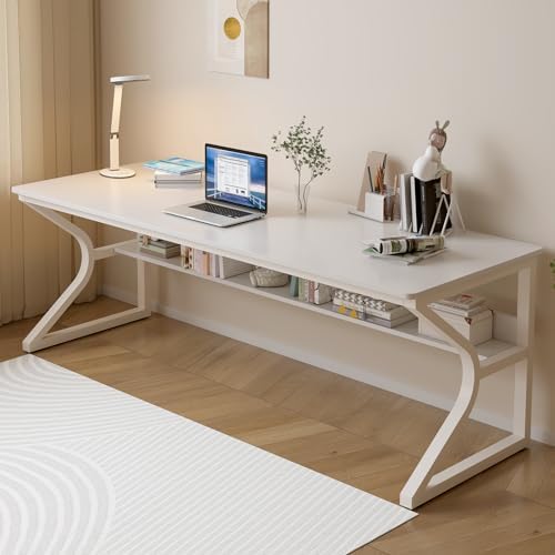 OSCHF Extra Long Desk with Bookshelf   63 Double Long Writing Table for 2 Person Workstation  Modern Study Work Computer Desk for Home and Office  Gold