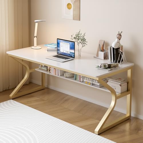 OSCHF Extra Long Desk with Bookshelf   63 Double Long Writing Table for 2 Person Workstation  Modern Study Work Computer Desk for Home and Office  Gold