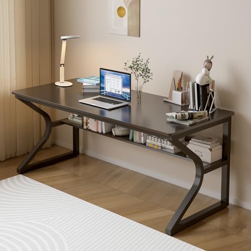 OSCHF Extra Long Desk with Bookshelf   63 Double Long Writing Table for 2 Person Workstation  Modern Study Work Computer Desk for Home and Office  Gold