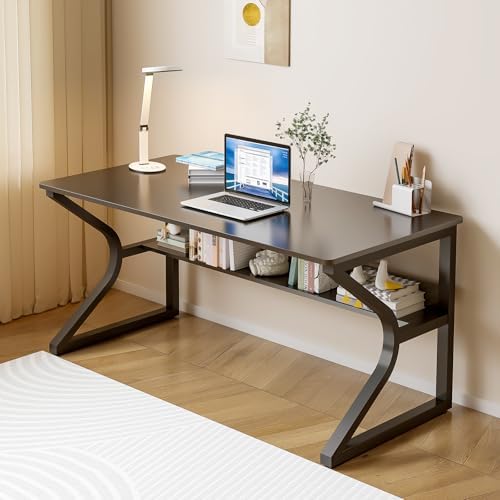 OSCHF Extra Long Desk with Bookshelf   63 Double Long Writing Table for 2 Person Workstation  Modern Study Work Computer Desk for Home and Office  Gold
