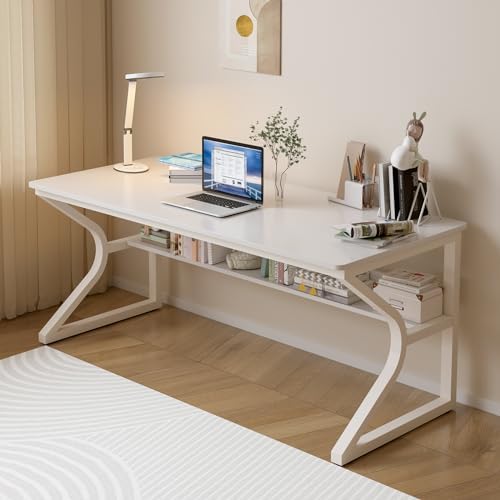 OSCHF Extra Long Desk with Bookshelf   63 Double Long Writing Table for 2 Person Workstation  Modern Study Work Computer Desk for Home and Office  Gold