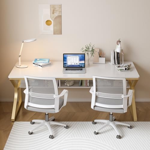 OSCHF Extra Long Desk with Bookshelf   63 Double Long Writing Table for 2 Person Workstation  Modern Study Work Computer Desk for Home and Office  Gold