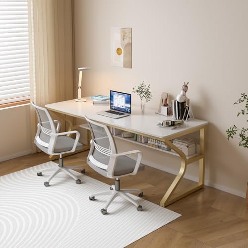 OSCHF Extra Long Desk with Bookshelf   63 Double Long Writing Table for 2 Person Workstation  Modern Study Work Computer Desk for Home and Office  Gold
