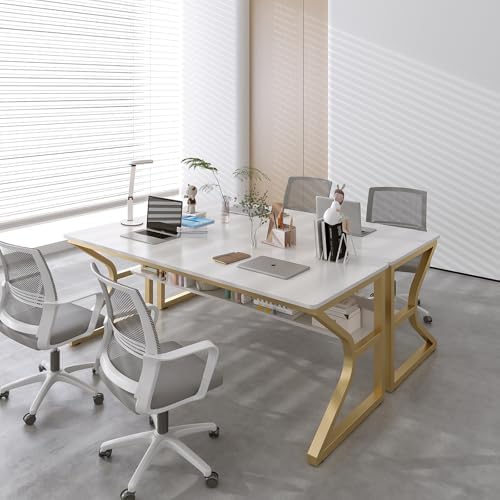 OSCHF Extra Long Desk with Bookshelf   63 Double Long Writing Table for 2 Person Workstation  Modern Study Work Computer Desk for Home and Office  Gold