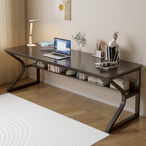 OSCHF Extra Long Desk with Bookshelf   63 Double Long Writing Table for 2 Person Workstation  Modern Study Work Computer Desk for Home and Office  Gold