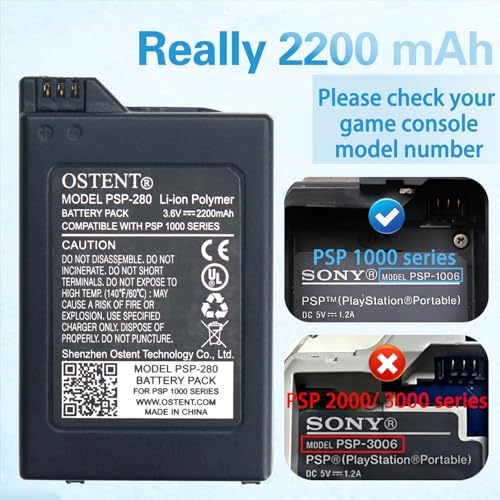 OSTENT High Capacity Quality Real 2200mAh 3.6V Lithium Ion Li-ion Polymer Rechargeable Battery Pack Replacement Upgraded Version for Sony PSP 1000 PSP-280 Console Video Games