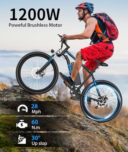 OTD Adults Electric Bike 1200W Peak Electric Bicycles  28MPH 26x2 1 Fast E Bike  60 Miles PAS Range  48V 624Wh Removable Battery 7 Speed E Bicycles with Mobile Phone Holder