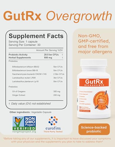 OVERGROWTH   Probiotic Supplement for Supporting a Balanced Microbiome   20 5 Billion CFU  Saccharomyces Boulardii  Bifidobacterium & Lactobacillus   Supports Gut Flora & Digestive Health  30 Capsules