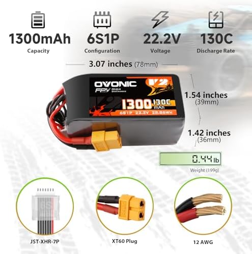 OVONIC 130C 6S 1300mah Lipo Battery 22 2V Pack with XT60 Plug for FPV Racing 2pcs