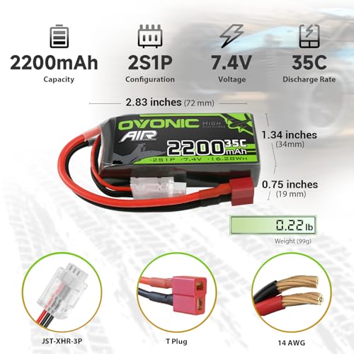 OVONIC 2S Lipo Battery 35C  Burst 70C  2200mAh 7 4V Lipo Battery with Dean Style T Connector for RC Airplane Helicopter Quadcopter FPV Racing Drone 2 Packs