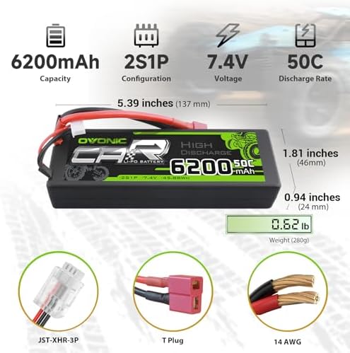 OVONIC 2S Lipo Battery 50C 6200mAh 7 4V Lipo Battery with Dean Style T Connector for 1/8 1/10 RC Car Truck Boat Vehicles 2 Packs