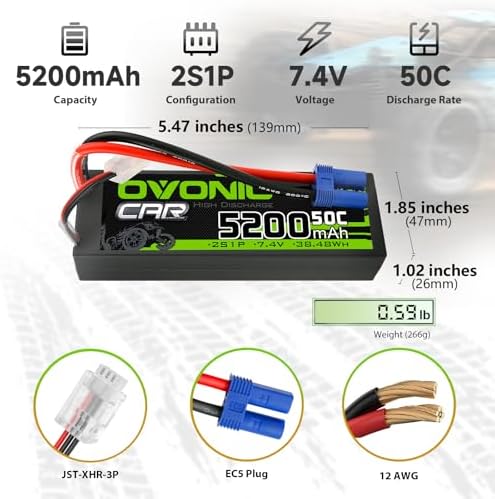 OVONIC 2S Lipo Battery 50C 5200mAh 7 4V Lipo Battery with EC5 Connector for Arrma 1/5 1/8 1/10 RC Car and Truck