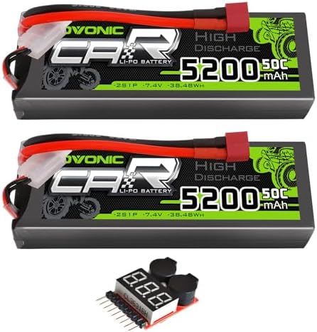 OVONIC 2s Lipo Battery 50C 5200mAh 7 4V Lipo Battery with Dean Style T Connector for Car Truck Boat Vehicles  2 Packs  with Lipo Voltage Checker