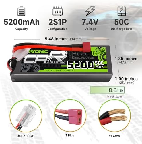 OVONIC 2s Lipo Battery 50C 5200mAh 7 4V Lipo Battery with Dean Style T Connector for Car Truck Boat Vehicles  2 Packs  with Lipo Voltage Checker