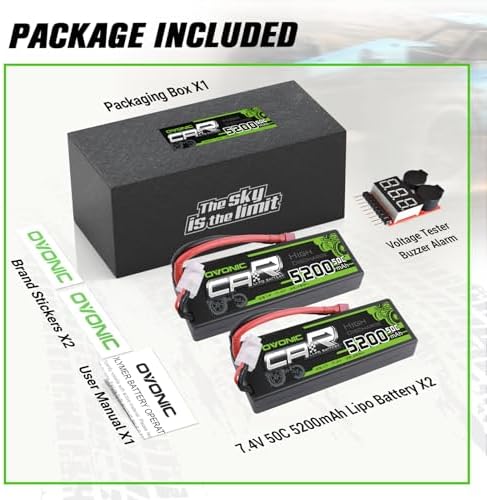 OVONIC 2s Lipo Battery 50C 5200mAh 7 4V Lipo Battery with Dean Style T Connector for Car Truck Boat Vehicles  2 Packs  with Lipo Voltage Checker
