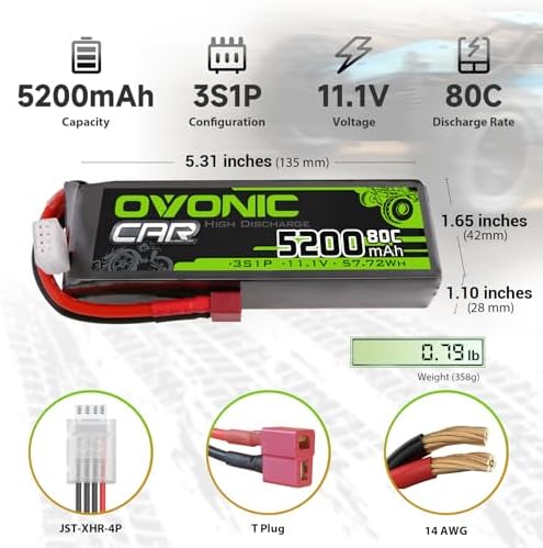 OVONIC 3S Lipo Battery 5200mAh 11 1V 80C RC Battery with Dean Style T Connector for RC Car Boat Truck Helicopter Airplane Racing Models