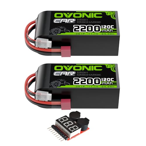 OVONIC 3S Short LiPo Battery 11 1V 2200mAh 120C with Dean Style T Plug for RC Car RC Truck Airplane Helicopter Boat Car Racing RC Hobby  2 Packs  77 D x 34 W x 26 H mm  with Lipo Voltage Checker