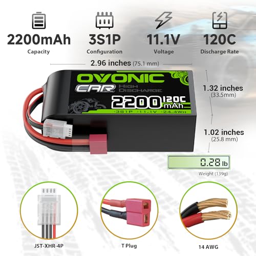 OVONIC 3S Short LiPo Battery 11 1V 2200mAh 120C with Dean Style T Plug for RC Car RC Truck Airplane Helicopter Boat Car Racing RC Hobby  2 Packs  77 D x 34 W x 26 H mm  with Lipo Voltage Checker