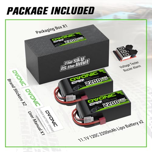 OVONIC 3S Short LiPo Battery 11 1V 2200mAh 120C with Dean Style T Plug for RC Car RC Truck Airplane Helicopter Boat Car Racing RC Hobby  2 Packs  77 D x 34 W x 26 H mm  with Lipo Voltage Checker