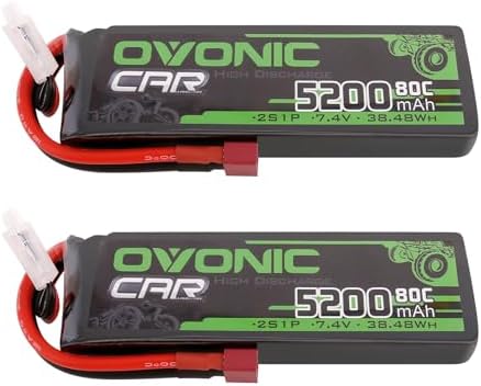 OVONIC 7 4V 2S Lipo Battery 5200mAh 80C Soft Case Battery Dean Style T Plug with Housing for 1/8 1/10 RC Vehicles Car Slash RC Buggy Truggy RC Airplane UAV Drone FPV 2 Pack