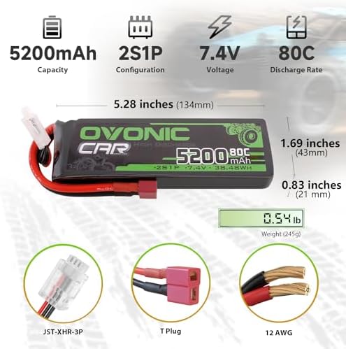 OVONIC 7 4V 2S Lipo Battery 5200mAh 80C Soft Case Battery Dean Style T Plug with Housing for 1/8 1/10 RC Vehicles Car Slash RC Buggy Truggy RC Airplane UAV Drone FPV 2 Pack