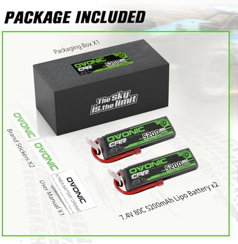 OVONIC 7 4V 2S Lipo Battery 5200mAh 80C Soft Case Battery Dean Style T Plug with Housing for 1/8 1/10 RC Vehicles Car Slash RC Buggy Truggy RC Airplane UAV Drone FPV 2 Pack