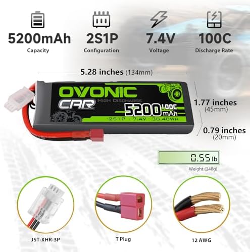 OVONIC Lipo Battery 2S Lipo Battery 7 4V 5200mAh 100C with T Plug Connector for RC Car Truck Vehicle Buggy RC Model 2 Pack