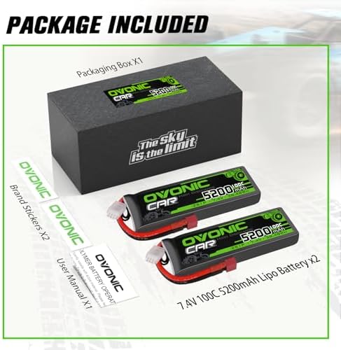 OVONIC Lipo Battery 2S Lipo Battery 7 4V 5200mAh 100C with T Plug Connector for RC Car Truck Vehicle Buggy RC Model 2 Pack