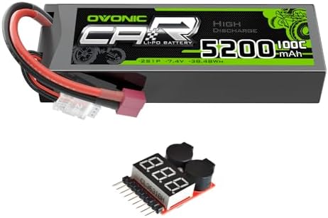 OVONIC Lipo Battery 7 4V 100C 5200mAh 2S Battery Dean Style T Connector with Housing for RC Car Truck Vehicle Buggy Losi 1/10 Scale Racing Model with Lipo Voltage Checker