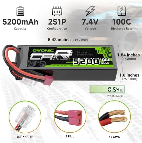 OVONIC Lipo Battery 7 4V 100C 5200mAh 2S Battery Dean Style T Connector with Housing for RC Car Truck Vehicle Buggy Losi 1/10 Scale Racing Model with Lipo Voltage Checker
