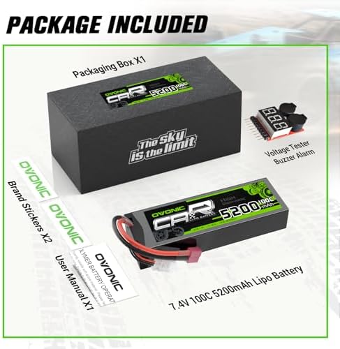 OVONIC Lipo Battery 7 4V 100C 5200mAh 2S Battery Dean Style T Connector with Housing for RC Car Truck Vehicle Buggy Losi 1/10 Scale Racing Model with Lipo Voltage Checker