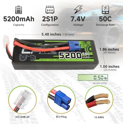 OVONIC Lipo Batería 5200mAh 50C 7.4V 2S RC Batería con conector EC3 para RC Plane DJI Quadcopter RC Avión RC Helicóptero RC Coche Camión Barco 2 piezas (con comprobador de voltaje Lipo)