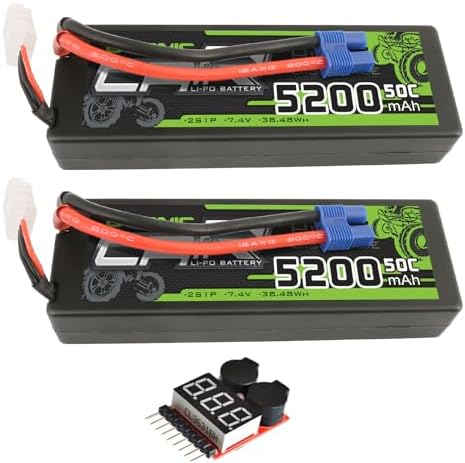 OVONIC Lipo Batería 5200mAh 50C 7.4V 2S RC Batería con conector EC3 para RC Plane DJI Quadcopter RC Avión RC Helicóptero RC Coche Camión Barco 2 piezas (con comprobador de voltaje Lipo)