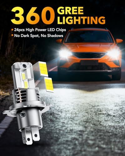 OXILAM H4 9003 HB2 LED Bulbs  1000  Brighter Hi/Low Beam  6500K Cool White  Quick Install with Cooling Fan  70000Hrs  Pack of 2