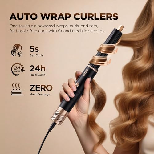 O H B 5 in 1 Air Wrap Hair Styler   High Speed Hair Dryer Brush  Hot Air Styler with Fast Drying  No Heat Damage & Ionic Multi Styler Dryer Brush for Volumize  Curl  Straighten  Frizz Free  Black Gold