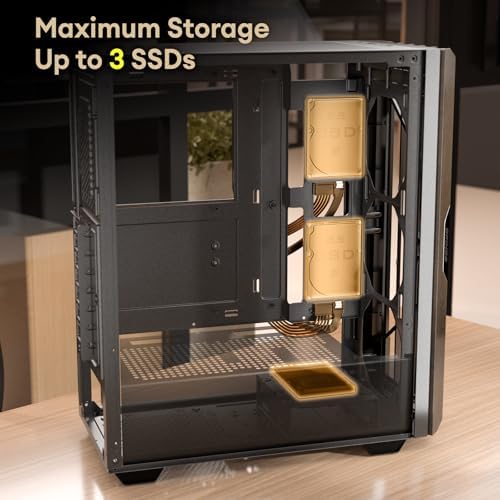 Caja de PC ATX de madera de roble, 4 ventiladores de caja no PWM de 4.724 in de 3 pines preinstalados, puerto tipo C, panel lateral de vidrio templado, caja negra de computadora de media torre, Cypress 5 AIR