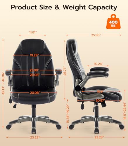Office Desk Chair  Ergonomic Computer Chair with Padded Flip Up Arms and Adjustable Lumbar Support  PU Leather Executive Chair with Tilt Lock and 360  Swivel Rolling Wheels for Work  Study