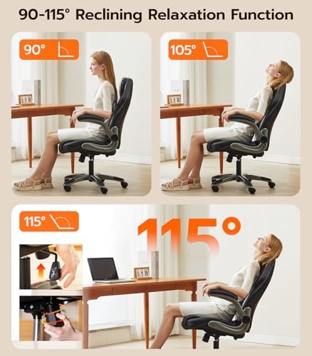 Office Desk Chair  Ergonomic Computer Chair with Padded Flip Up Arms and Adjustable Lumbar Support  PU Leather Executive Chair with Tilt Lock and 360  Swivel Rolling Wheels for Work  Study
