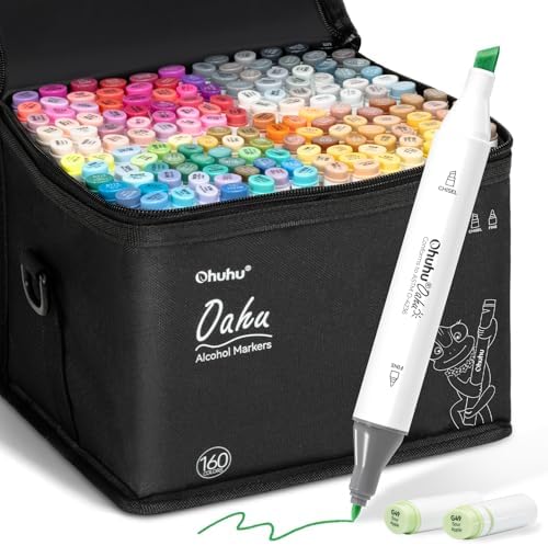 Ohuhu Marcadores de alcohol – Juego de marcadores artísticos de doble punta con certificación AP de 160 colores para artistas y adultos, acogedora ilustración de bocetos para colorear, doble punta de cincel y fina – Marcadores Oahu of Ohuhu recargables