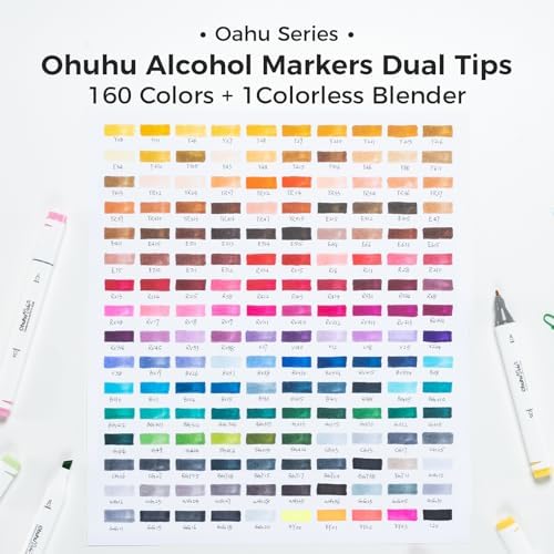 Ohuhu Marcadores de alcohol – Juego de marcadores artísticos de doble punta con certificación AP de 160 colores para artistas y adultos, acogedora ilustración de bocetos para colorear, doble punta de cincel y fina – Marcadores Oahu of Ohuhu recargables