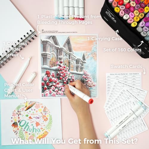 Ohuhu Marcadores de alcohol – Juego de marcadores artísticos de doble punta con certificación AP de 160 colores para artistas y adultos, acogedora ilustración de bocetos para colorear, doble punta de cincel y fina – Marcadores Oahu of Ohuhu recargables