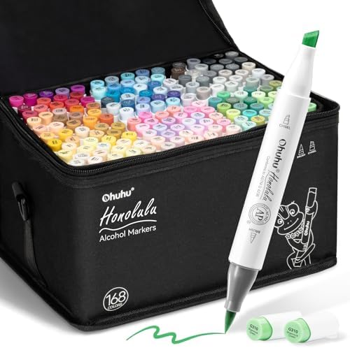 Ohuhu Alcohol Markers Brush Tip   168 color Art Marker Set Double Tipped Alcohol based Markers for Artist Adults Coloring Illustration  Brush & Chisel   Honolulu   Refillable Ink