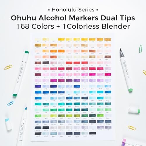 Ohuhu Alcohol Markers Brush Tip   168 color Art Marker Set Double Tipped Alcohol based Markers for Artist Adults Coloring Illustration  Brush & Chisel   Honolulu   Refillable Ink