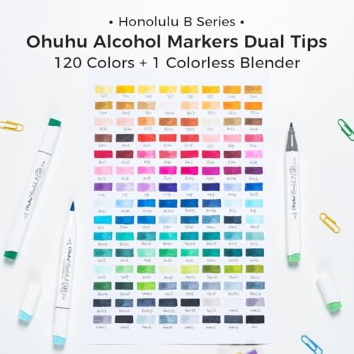 Ohuhu Alcohol Markers Brush Tip   120 color AP Certificated Double Tipped Art Marker Set for Artist Adults Cozy Coloring Drawing Illustration   Brush and Fine Dual Tips   Honolulu B   Refillable