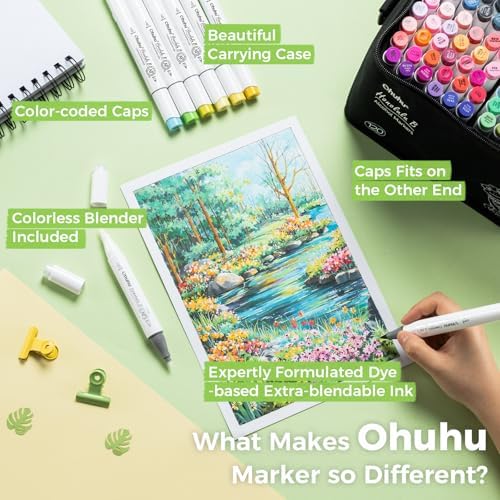 Ohuhu Alcohol Markers Brush Tip   120 color AP Certificated Double Tipped Art Marker Set for Artist Adults Cozy Coloring Drawing Illustration   Brush and Fine Dual Tips   Honolulu B   Refillable